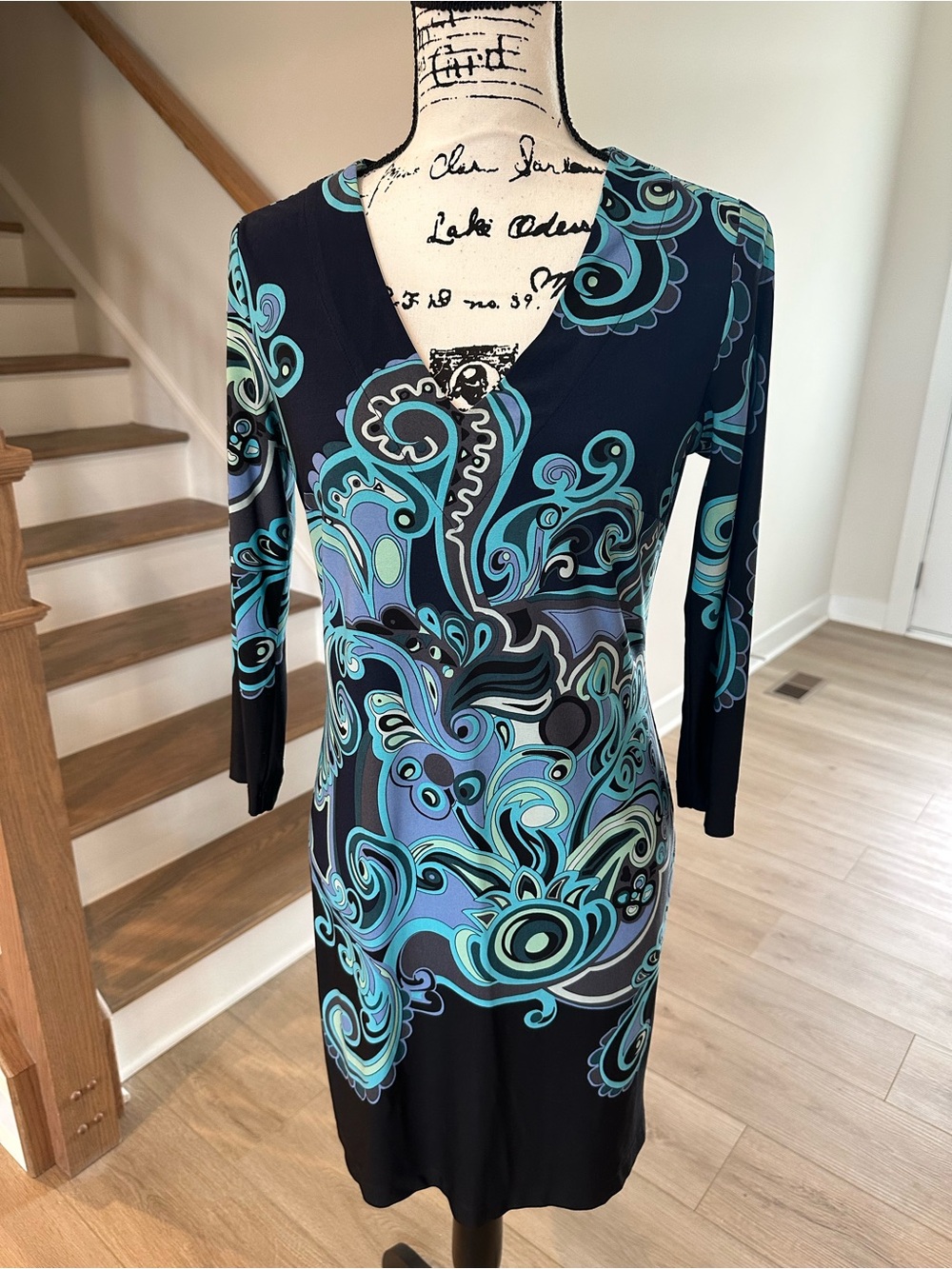 Donna Morgan Navy Dress with Teal & Aqua Swirl Print